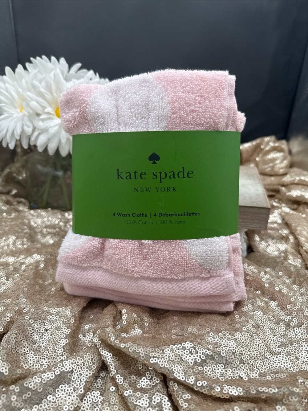 kate spade Pink and White Polkadot Cotton Wash Cloths - 4 Pack